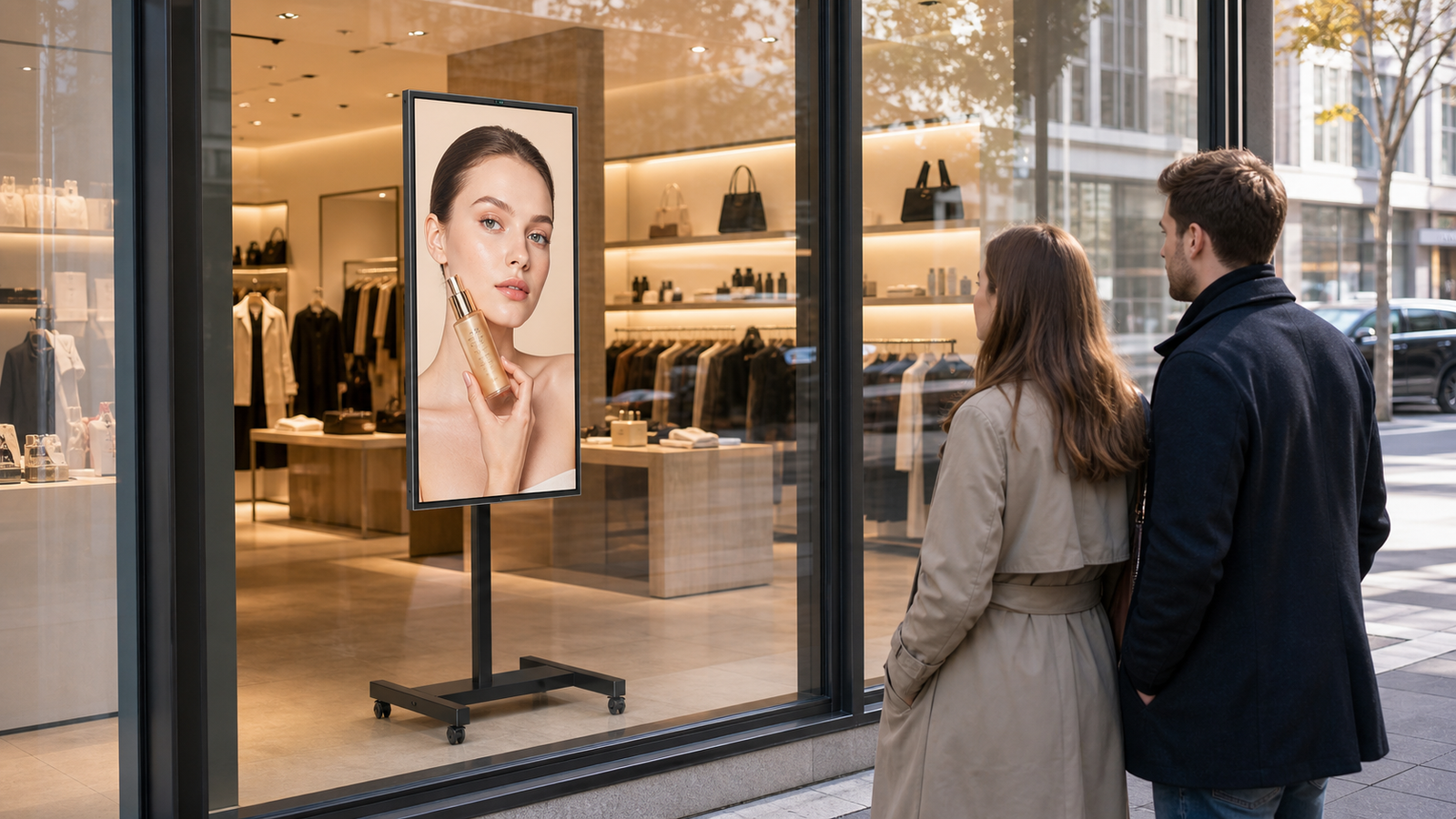 43 inch LCD window poster display on a mobile stand in a storefront window