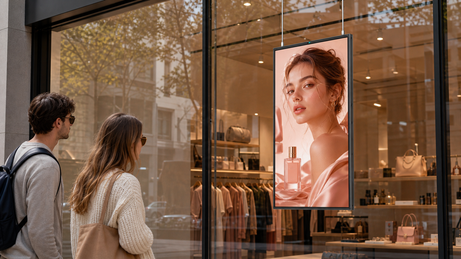 43 inch LCD window poster display with wire hanging installation in a storefront window